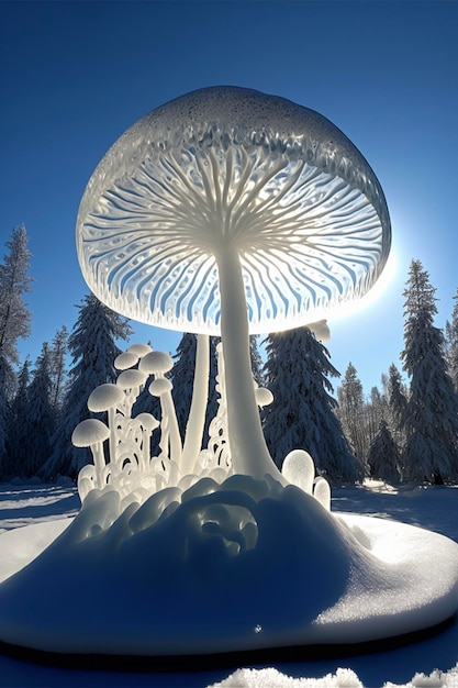 Escultura de un hongo en la nieve ai generativo