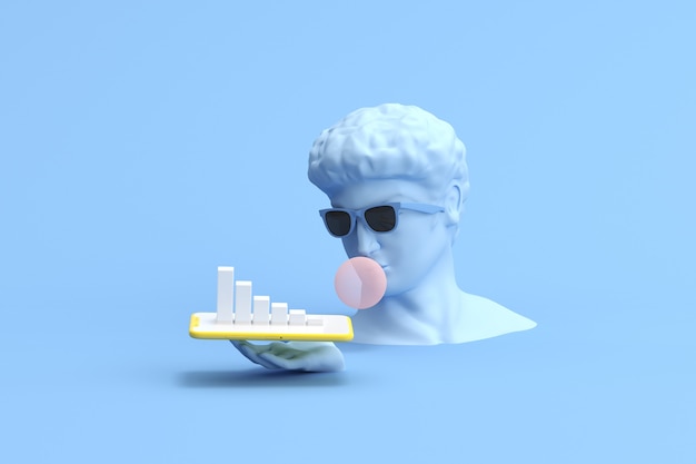 La escultura humana con chicle sostiene el teléfono con la estadística del gráfico de la economía de mercado, el crecimiento de las ganancias, el intercambio financiero, el concepto de negocio mínimo. Representación 3D.