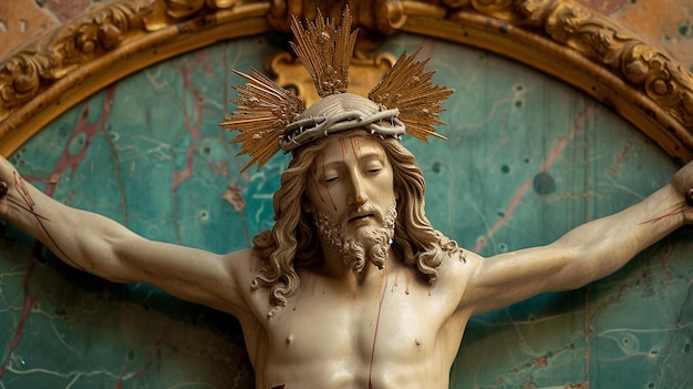 Foto escultura de jesucristo colgando en la cruz