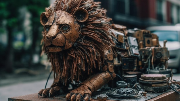 Una escultura de león de bronce con una cámara en ella