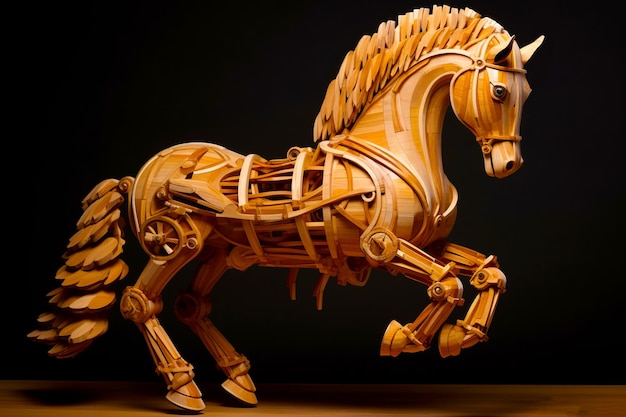 Escultura de madera de un caballo hecha con listones de madera contrachapada IA generativa