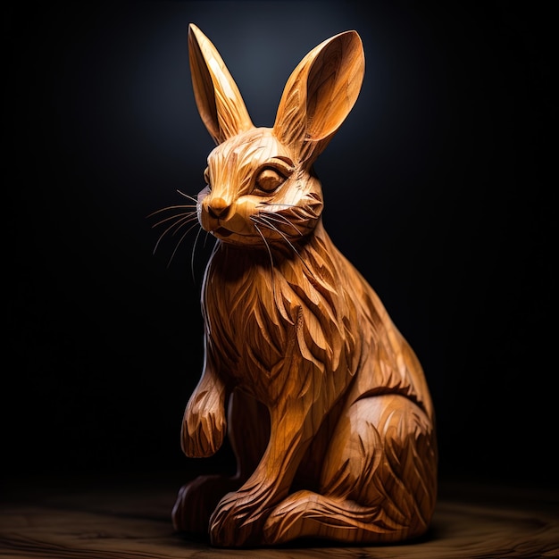 una escultura de madera de un conejo sentado en una mesa