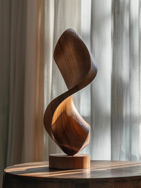 Una escultura de madera se equilibra delicadamente en una mesa de madera