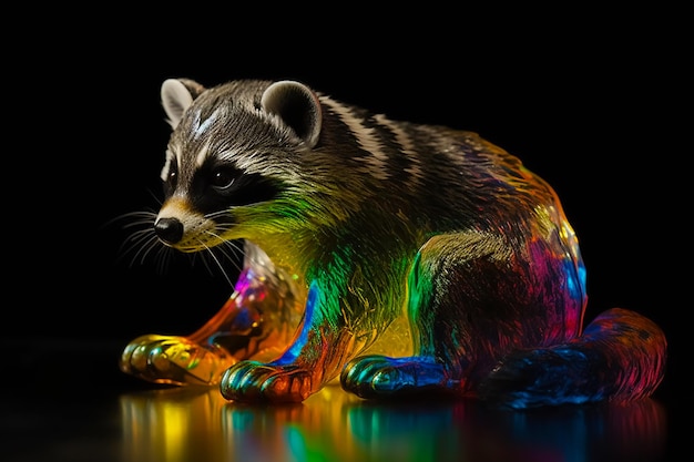 Una escultura de mapache con los colores del arcoíris