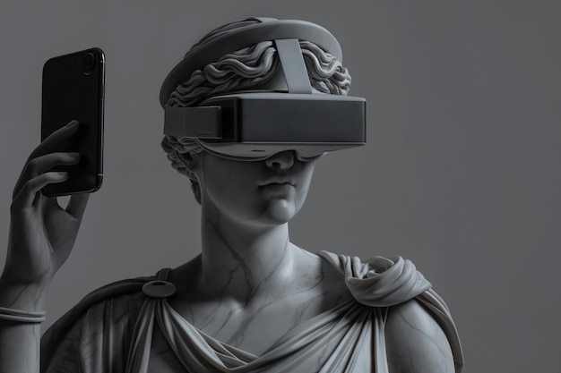 Escultura de mármol antigua con auriculares VR Estatua con gafas de realidad virtual sosteniendo un teléfono inteligente Mundo Metaverse explorando con gafas VR Juegos VR concepto futurismo tecnología moderna y arte