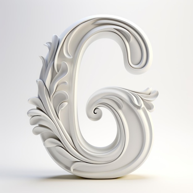 Foto escultura de mármol blanco con la letra g con diseño floral abstracto