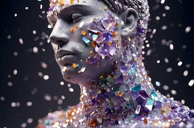 Escultura masculina feita de ametista com pequenas partículas de cristal coloridas flutuando como as esculturas