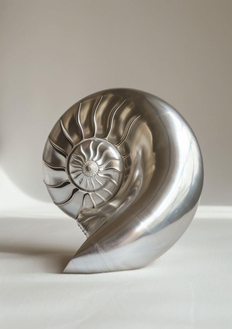 Foto escultura metálica de concha de náutil con curvas suaves sobre un fondo gris suave