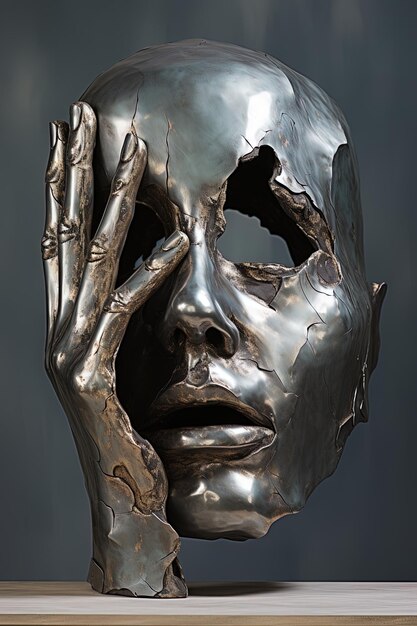 Foto una escultura metálica de plata de una cara con las manos en la cara