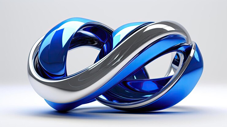 Foto una escultura metálica plateada y azul sobre un fondo blanco en el estilo del futurismo retorcido