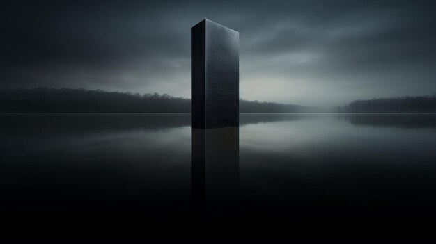 Escultura minimalista cuadrado negro en el lago con nubes