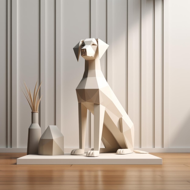 Escultura minimalista de cão em 3D sentada ao lado de um vaso