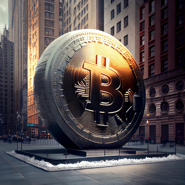 Escultura de moneda Bitcoin en la ciudad Monumento BTC en la calle