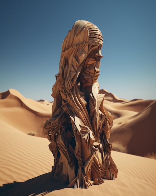 Una escultura de una mujer con un rostro en el desierto.