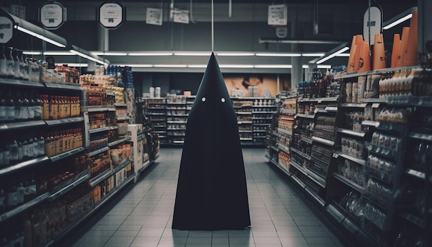 Una escultura negra en una tienda con un cartel que dice "no hay comida".