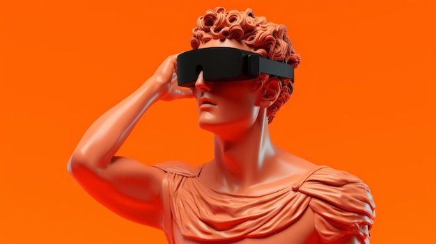 Escultura o estatua de David con un auricular vr sobre un fondo naranja