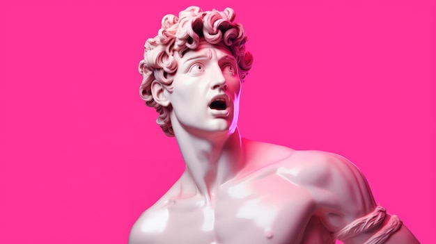 Escultura o estatua de David con expresión de asombro o sorpresa sobre fondo rosa