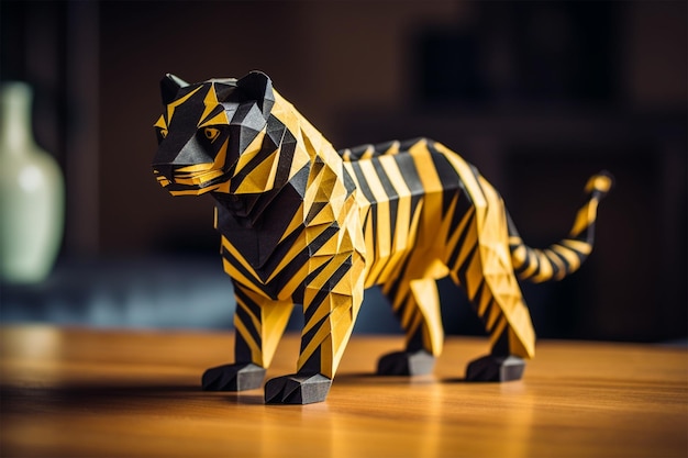 escultura de origami de tigre amarillo y negro sentada en una mesa de madera