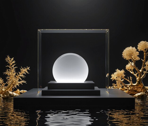 una escultura de oro con una esfera blanca en la parte superior