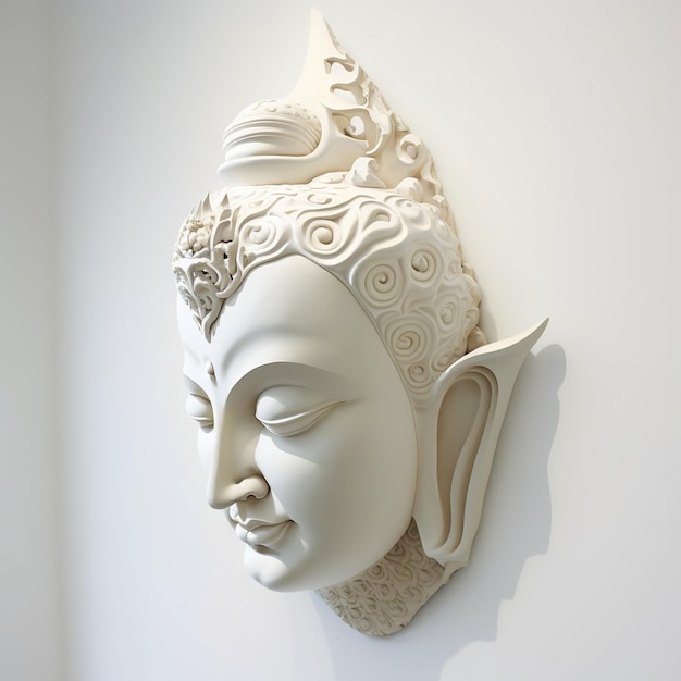 Una escultura de pared blanca de una cara con la cabeza de Buda Gautama como mural para la decoración del hogar, etc. Ai generó