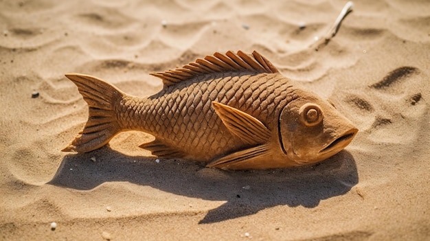 Una escultura de un pez en la arena.