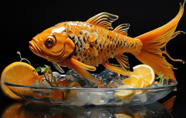Escultura de pez dorado sobre hielo con naranjas ai