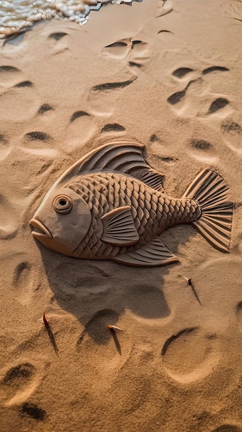 Una escultura de un pez en la playa.