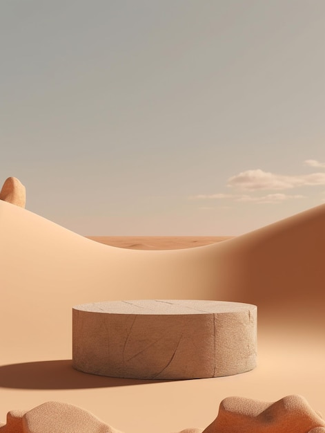 una escultura de piedra en el desierto se coloca frente a una duna de arena.