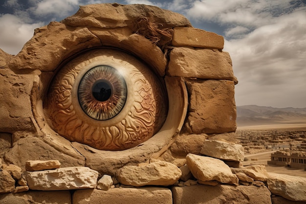 Una escultura de piedra de un ojo con un fondo desértico