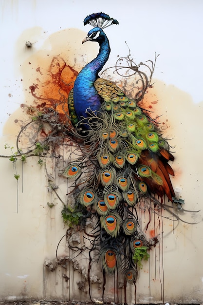 Escultura y pintura arte callejero de pavo real lleno de colores coloridos y cubierto de hojas y hierba en la antigua pared Aves Animales salvajes IA generativa