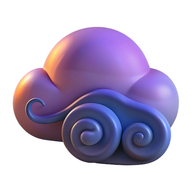 una escultura púrpura y naranja de una nube con una concha púrpura