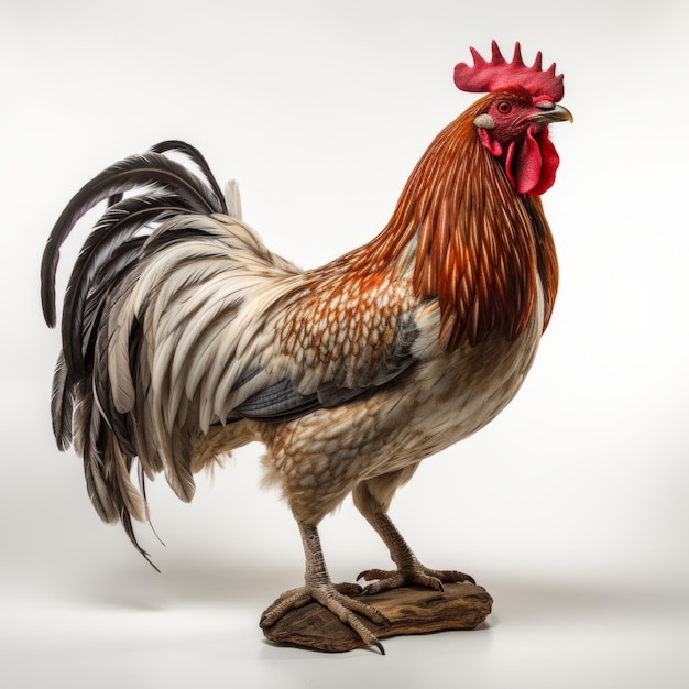 Escultura realista de taxidermia de gallo en base de madera