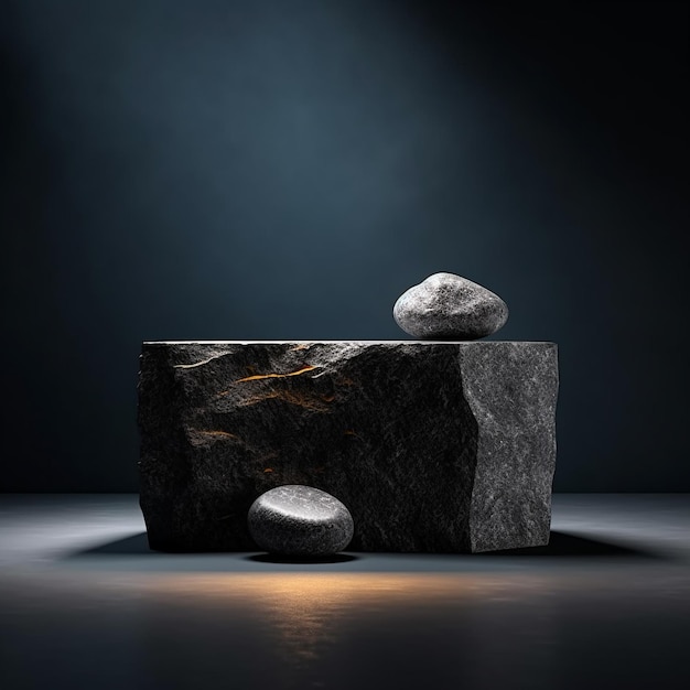 una escultura de roca con una luz y un fondo negro.