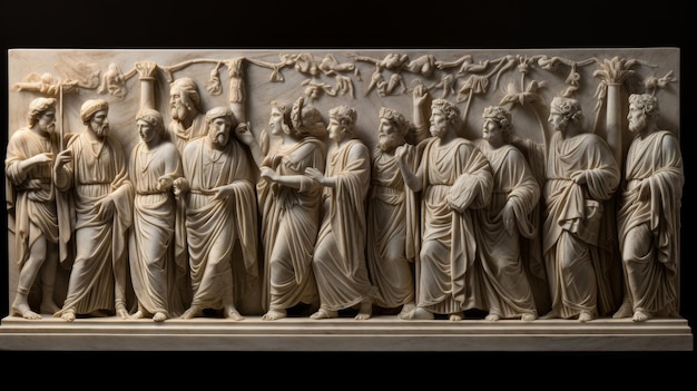 Foto escultura romana em relevo de pedra retratando um majestoso desfile de senadores e dignitários