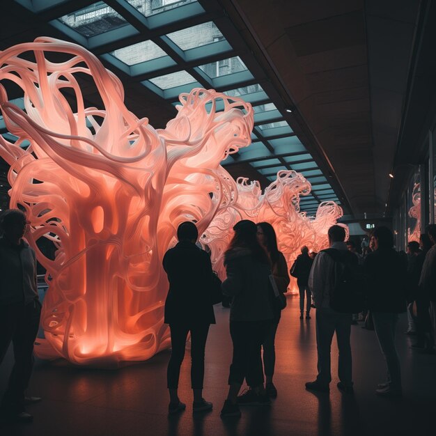 Escultura rosa futurista que se asemeja a un árbol con personas que lo miran