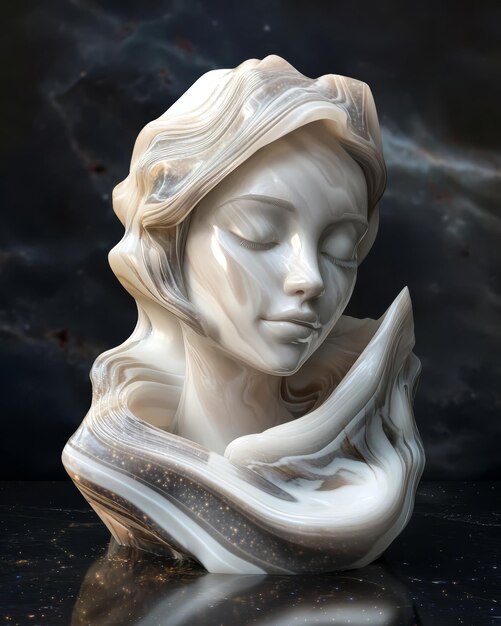 Escultura de rostro cósmico abstracto con líneas texturizadas