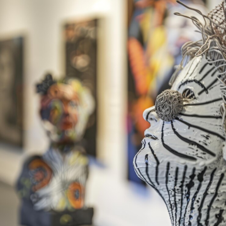 Foto la escultura tiene un diseño único y está rodeada de pinturas