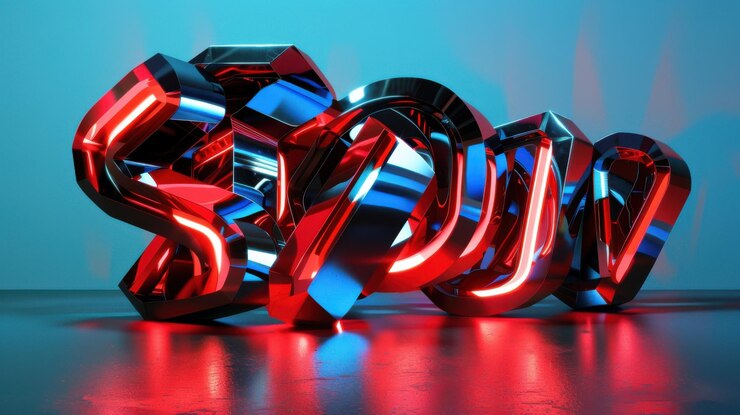 Foto una escultura de tipografía 3d en audaces tonos rojos y azules con bordes futuristas brillantes reflejos fotorrealistas ar 169 v 6 id de trabajo 2b708f169fb541519c1feb206b0e4e19