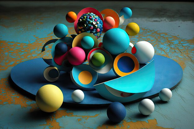 Escultura trabalho abstrato de bolas coloridas de colagem de arte moderna na mesa criada com generative ai