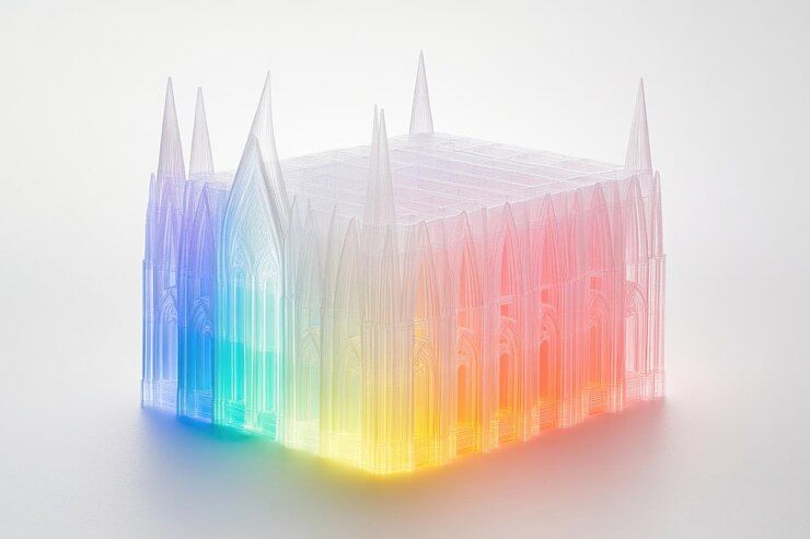 Foto escultura translúcida de la catedral con iluminación de gradiente de colores