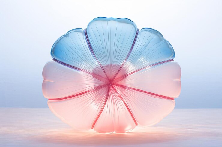 una escultura de vidrio con una flor de vidrio azul y rosa