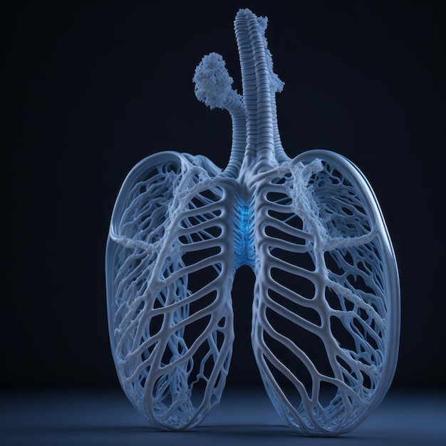 Una escultura de vidrio transparente de un pulmón con la columna visible.