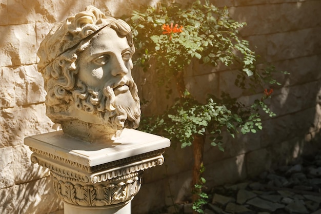 Escultura de yeso cabeza de dios hombre en el jardín a la luz del sol