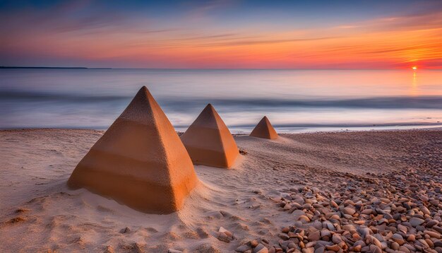 esculturas de arena en una playa con la puesta de sol en el fondo