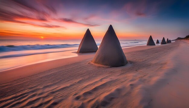 esculturas de areia em uma praia ao pôr do sol