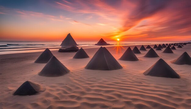 esculturas de areia estão alinhadas na praia ao pôr do sol