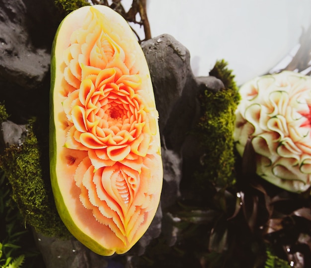 Esculturas de frutas e vegetais, exibição de frutas tailandês escultura