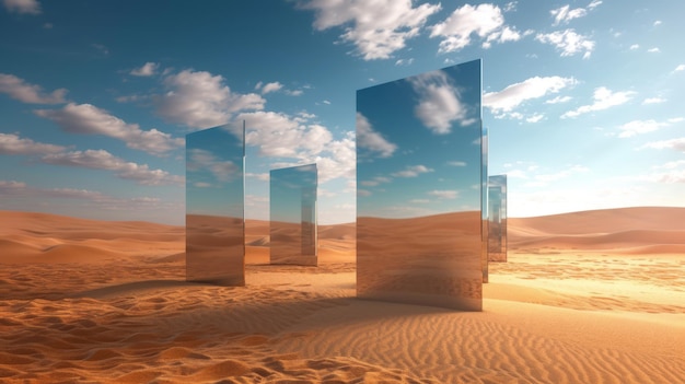 Foto esculturas de espejo en el desierto formas geométricas