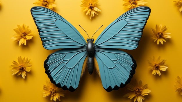 Esculturas minimalistas hiperrealistas mariposa azul sobre fondo amarillo