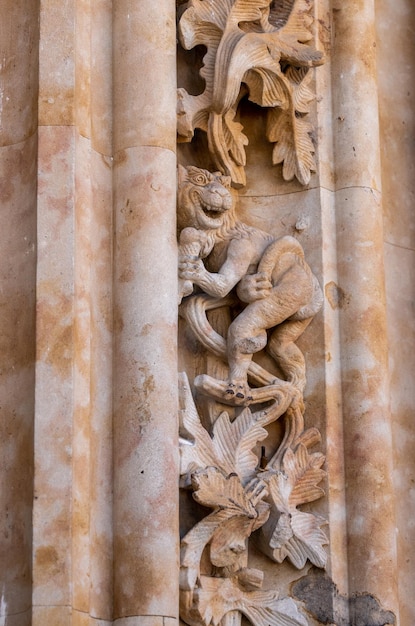 Esculturas ornamentadas, incluindo um leão com casquinha de sorvete na fachada e entrada da nova Catedral de Salamanca